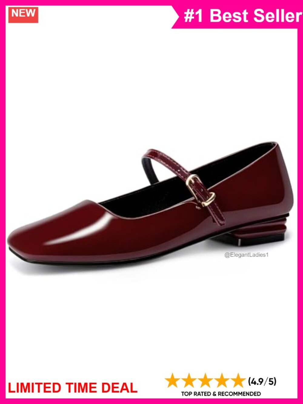 Women's Square Toe Mary Jane Ballet Flats Buckle Strap Low Block Heel Shoes
